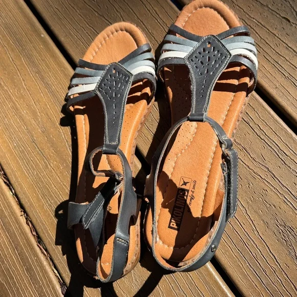 PIKOLINOS Blue Ocean Multi Cutout Leather T-Strap Flat Sandals sz 42 11.5-12 EUC - Picture 5 of 12